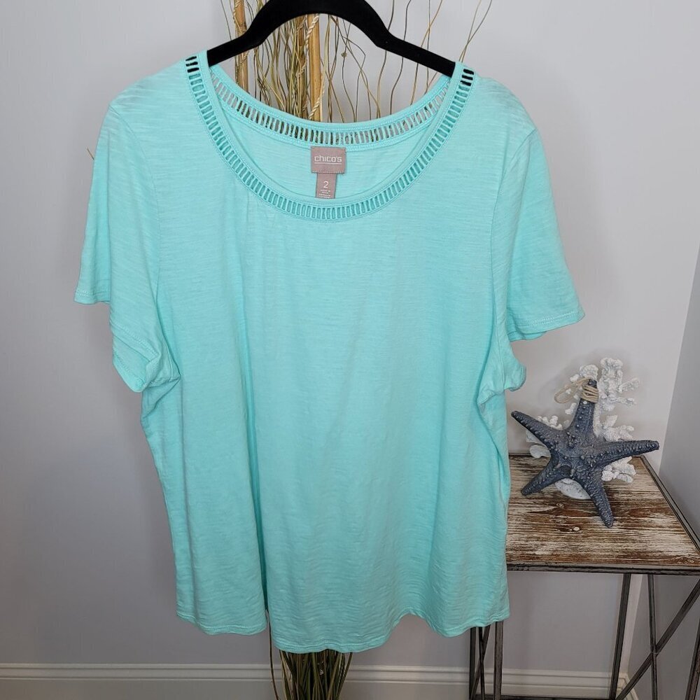 Chico's T-Shirt Womens 2 (12) Blue Ladder Cutout Neck Slub Knit Short Sleeve